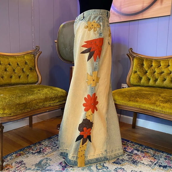 Vintage Dresses & Skirts - Vintage 90s/Y2K RARE Road Cat Suede And Felt Patchwork Maxi Denim Skirt Size M